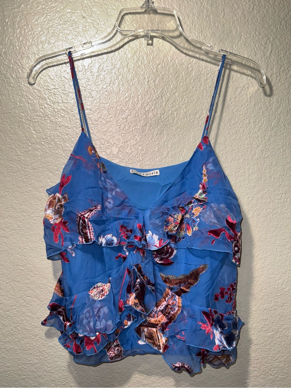 Alice + Olivia Blue Floral Silk Blend Ruffle Cami Top XS S